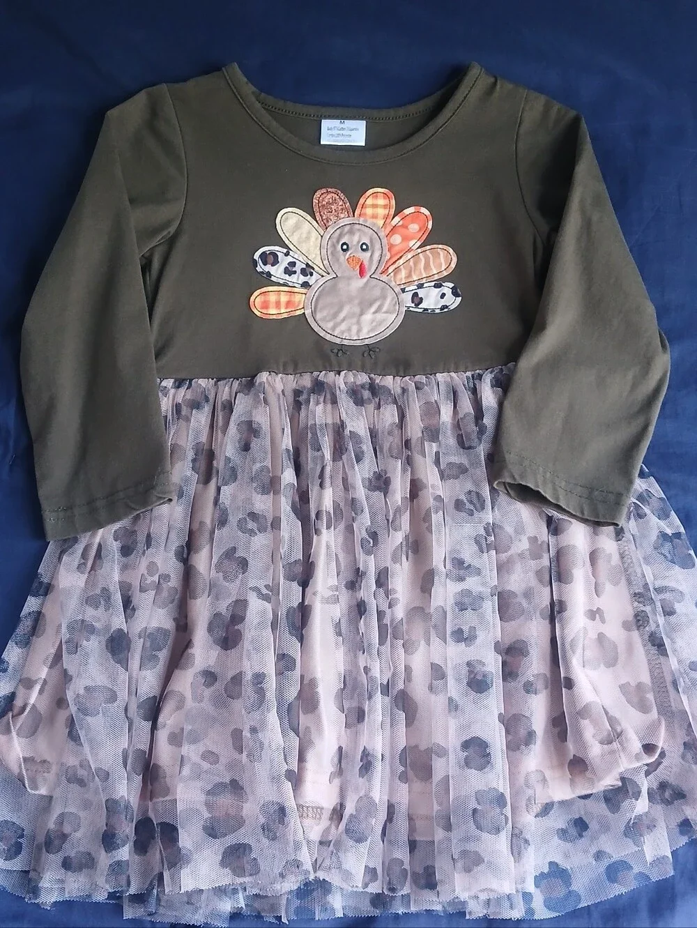 Girls Brown Turkey Appliqué Tulle Dress with Printed Skirt 4T